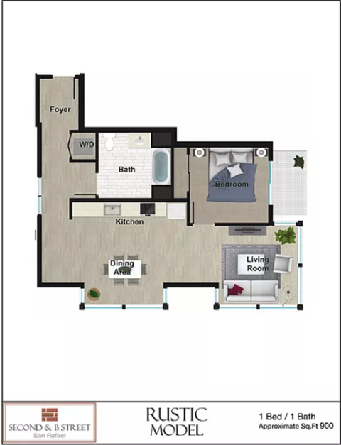 Floor plan for 1 bed, 1 bath, 900 sqft